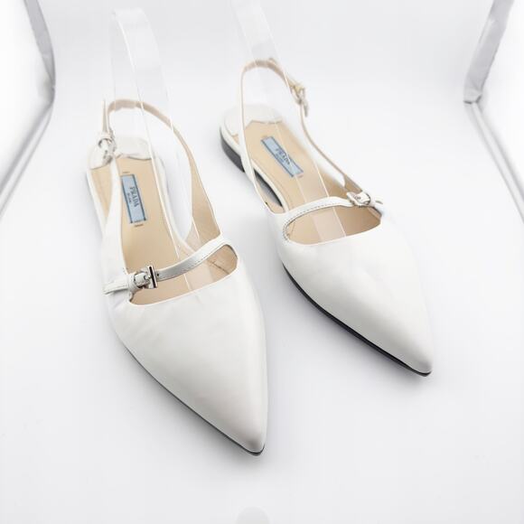 Prada White Leather Mary Jane Slingback Flats Pointed Toe Size 37.5 - Picture 4 of 16